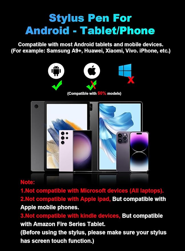 Stylus Pen for Android Tablet/Phone Pom Tips Fast Charge Stylus Pen for iPhone Magnetic Active Pencil Compatible with Samsung A9+, iPhone, Lenovo and Other Android Smartphone and Tablet Devices-Black