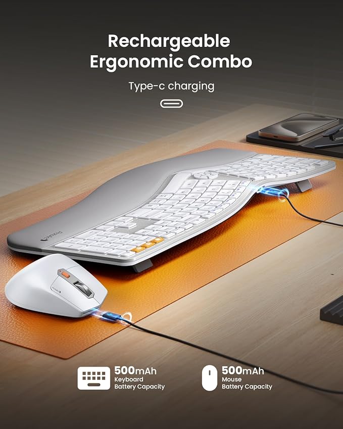ProtoArc Ergonomic Wireless Keyboard Mouse, EKM01 Plus Full Size Ergo Bluetooth Keyboard Mouse Combo, Split Design, Wrist Rest, Multi-Device, Rechargeable, for Windows/Mac OS - White and Silver