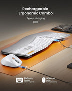 ProtoArc Ergonomic Wireless Keyboard Mouse, EKM01 Plus Full Size Ergo Bluetooth Keyboard Mouse Combo, Split Design, Wrist Rest, Multi-Device, Rechargeable, for Windows/Mac OS - White and Silver