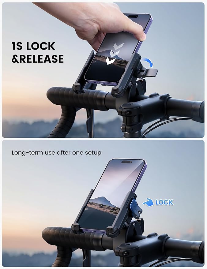 Lamicall Motorcycle Phone Mount Holder - [Camera Friendly] [1s Lock] Bike Phone Holder Handlebar Clamp, Bicycle Scooter Phone Clip, for iPhone 16 Pro Max, 15 14 13, Galaxy S25 Ultra, 4.7-7" Phones