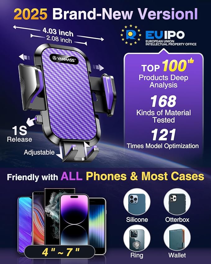 VANMASS Car Phone Holder Mount 2025 Upgraded [Patent Steel-Hook] Car Vent Phone Mount Clip Military-Grade Shockproof Cell Phone Car Mount Handsfree Truck Stand Vent Cradle for iPhone 16 Android,Purple