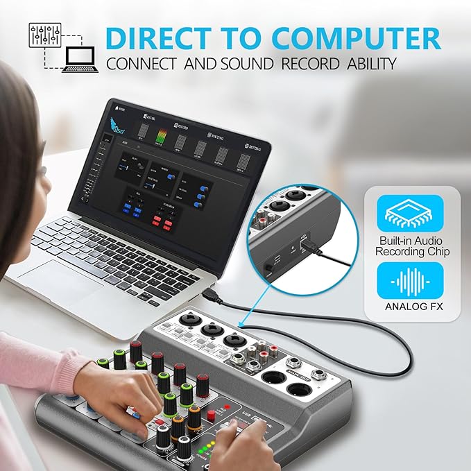 Aveek Professional Audio Mixer, Sound Board Mixing Console with 5 Channel Digital USB Bluetooth Echo Delay Effect, Input 48V Phantom Power Stereo DJ Mixers for Recording, Live Streaming, Podcasting