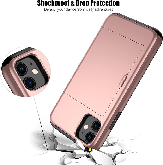 Nvollnoe for iPhone 11 Case with Card Holder Heavy Duty Protective Dual Layer Shockproof Hidden Card Slot Slim Wallet Case for iPhone 11 for Men&Women(Rose Gold)