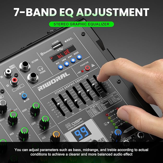 8 Channel Audio Interface DJ Mixing Sound Board 16 DSP Digital Effects With 40khz/24bit Bluetooth USB Rac Interface As Mp3 Player Audio Mixer For Karaoke Streaming Recording