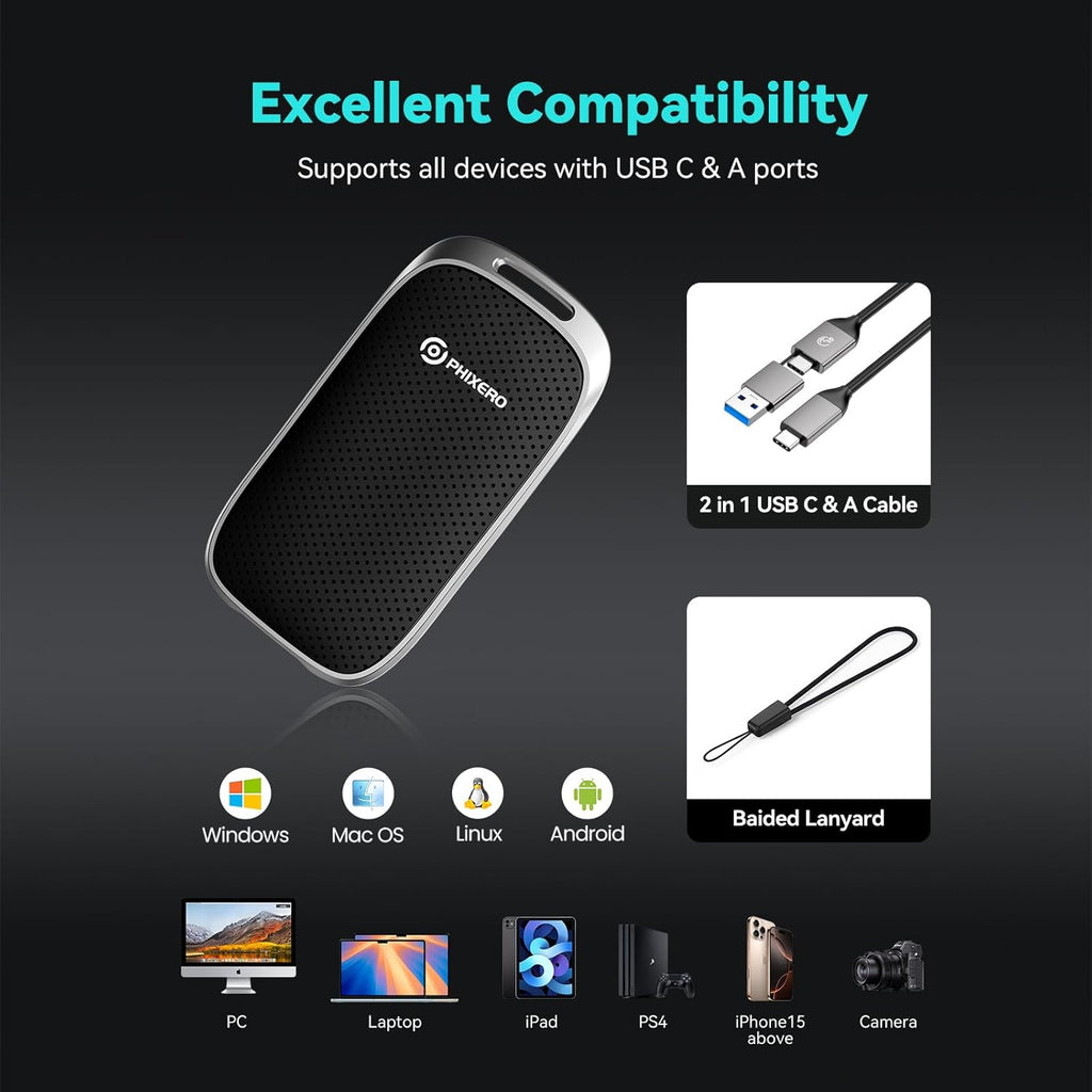 PHIXERO 512GB Portable SSD, Type-C Interface, Up to 450Gbps, Built-in mSTAT SSD for Ultra-Fast Data Transfer,Black