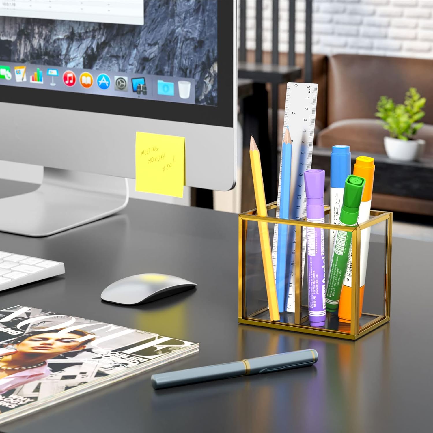 NIUBEE Gold Acrylic Pen Holder for Desk, Clear Pencil Cup Organizer Makeup Brush Holder, Acrylic Desk Organizers and Accessories for Desktop Office - 2 Compartments