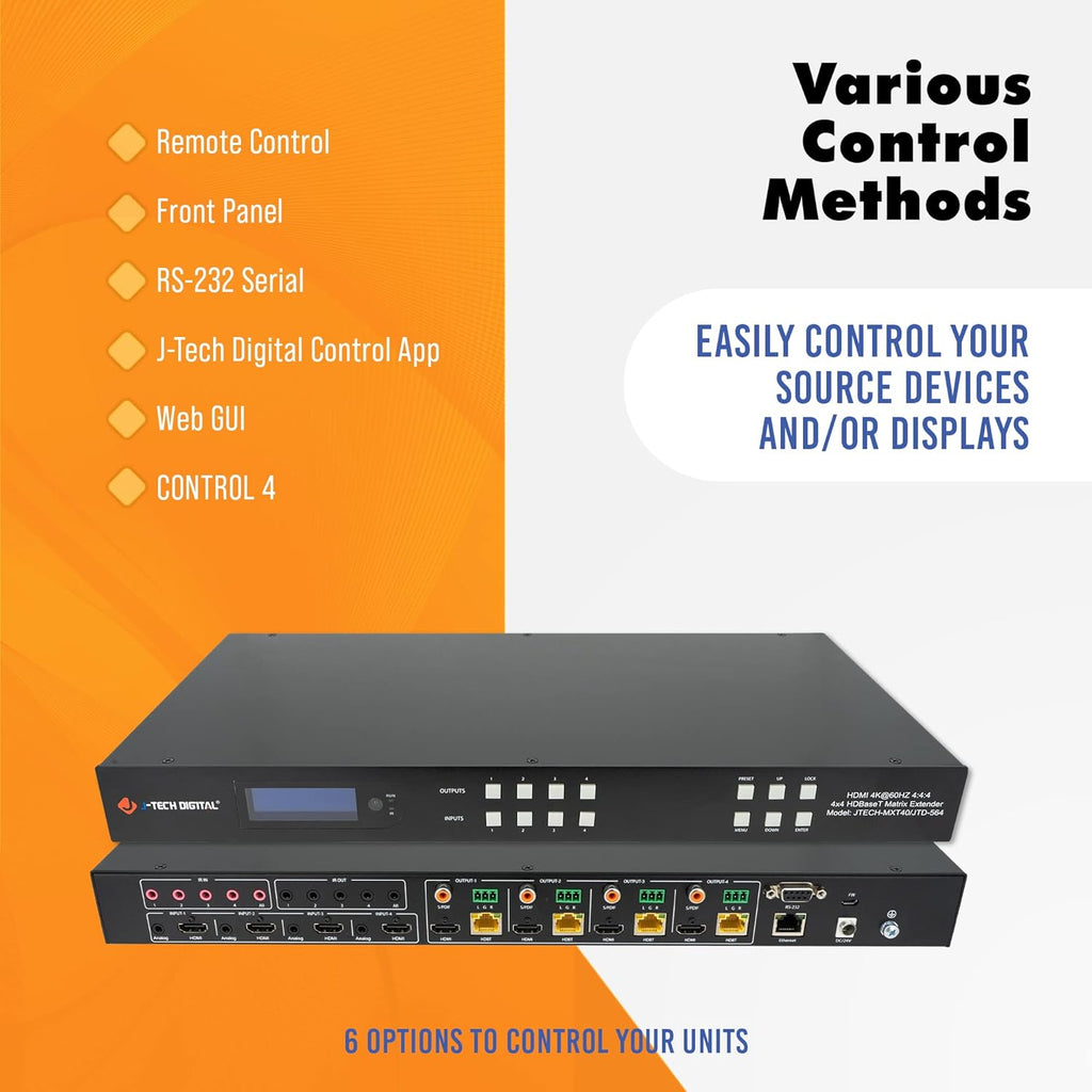J-Tech Digital HDBaseT 4x4 Matrix Extender Switcher Supports HDMI2.0 HDCP2.2 4K60Hz 4:4:4 HDR Dolby Vison with 4 PoC Receivers, Over Single Cat5e/6 Cable, Control App, Compatible with Control4 Driver