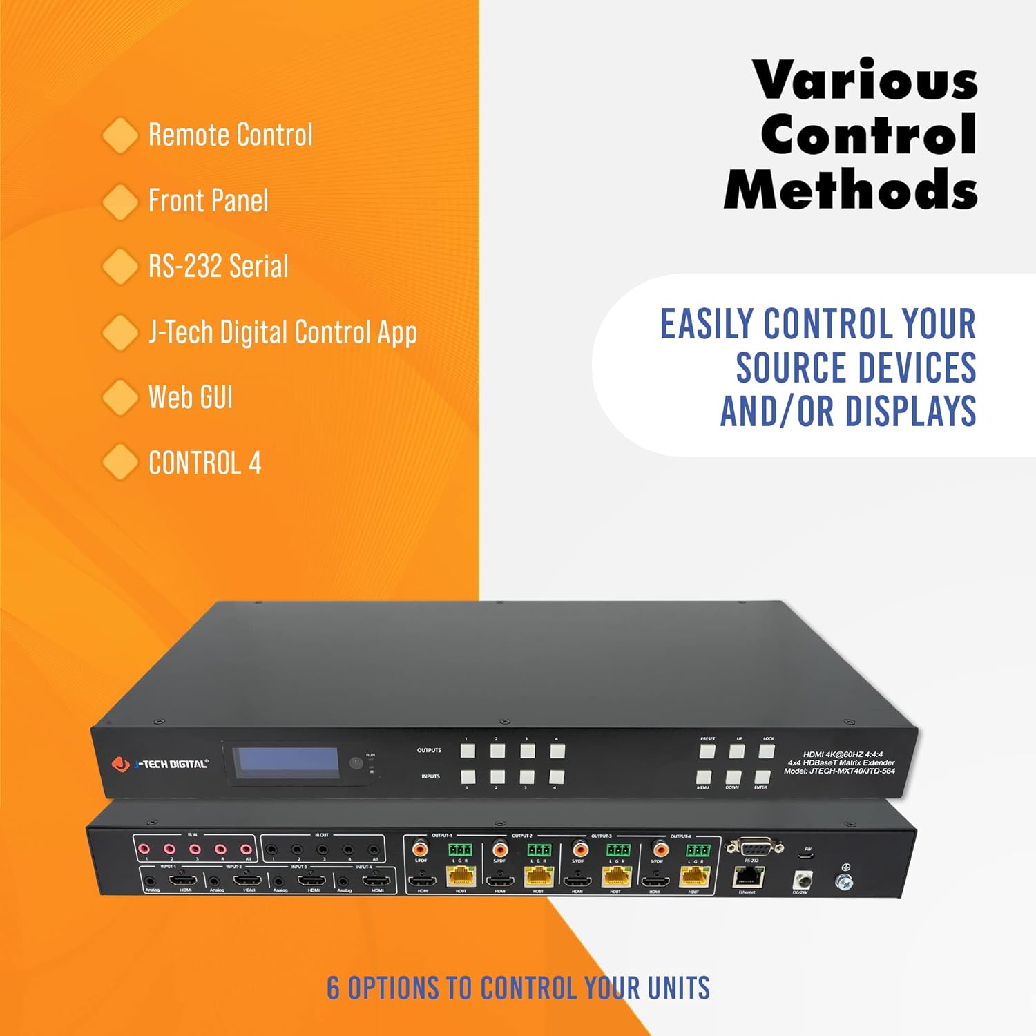 J-Tech Digital HDBaseT 4x4 Matrix Extender Switcher Supports HDMI2.0 HDCP2.2 4K60Hz 4:4:4 HDR Dolby Vison with 4 PoC Receivers, Over Single Cat5e/6 Cable, Control App, Compatible with Control4 Driver