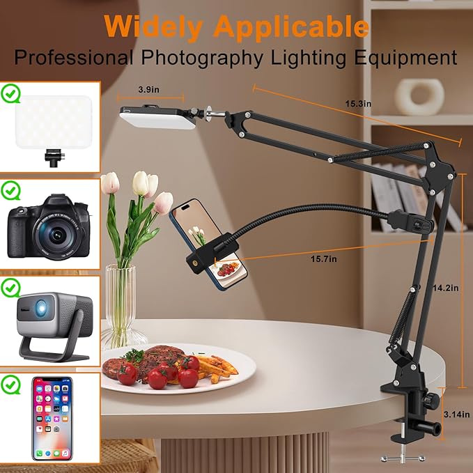 Overhead Phone Mount with 60 LED Portable Selfie Light and Phone Holder for Desk, Camera Mount Arm Stand with Remote, Overhead Stand for Video Recording, Live Streaming, TikTok, YouTube and Cooking