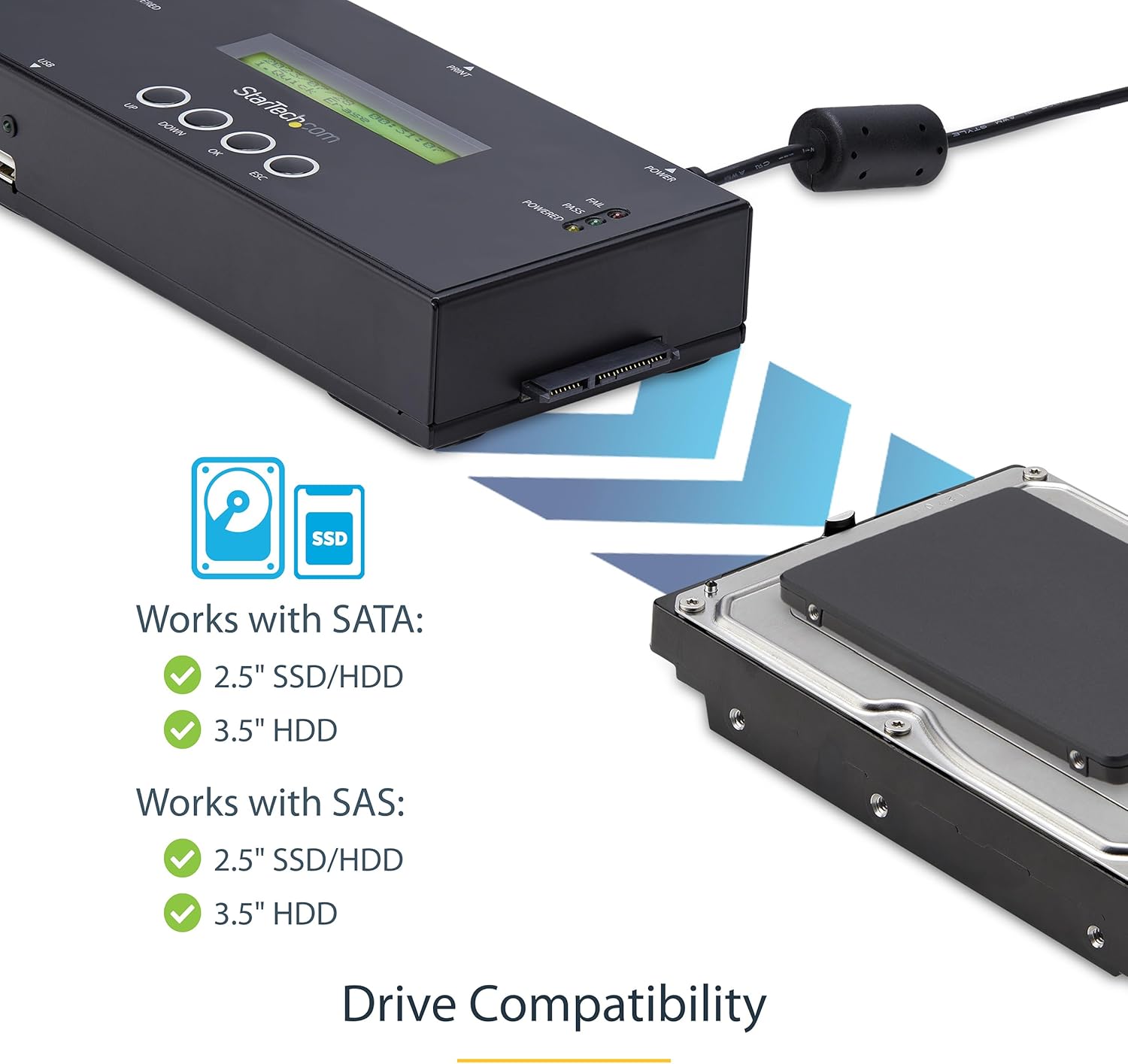 StarTech.com 1:1 Standalone Hard Drive Duplicator and Eraser, SAS/SATA HDD/SSD Cloner/Copier, Hard Drive Duplicator/Sanitizer, Harddisk/Harddrive Wiper, LCD, Toolless, TAA Compliant (SATSASDUPE11)