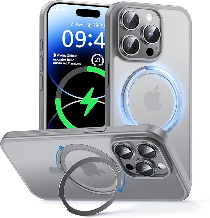 MAGIC JOHN 360° Rotatable Magnetic Invisible Stand for iPhone 15 Pro Max Case [Anti-Slip Grip] [Compatible with MagSafe] 16FT Shockproof for iPhone 15 Pro Max Case with Kickstand, Gray