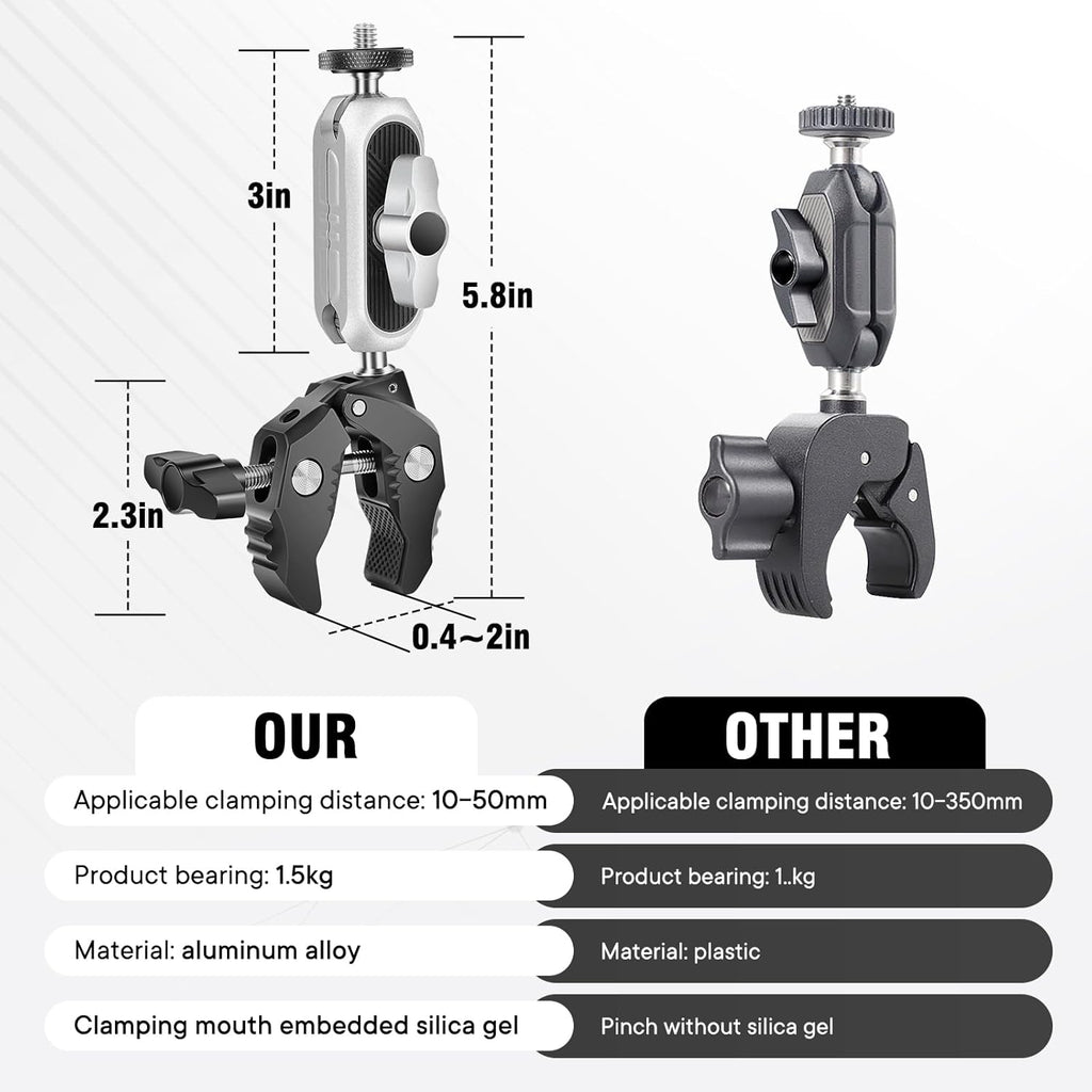 Aluminum Alloy Camera Mounts Clamp Mount Bicycle Handlebar Adapter Mount with Dual 360°Rotatable Ball Head with Adapter Phone Clip Compatible with Hero Insta360 and Other Action Cameras