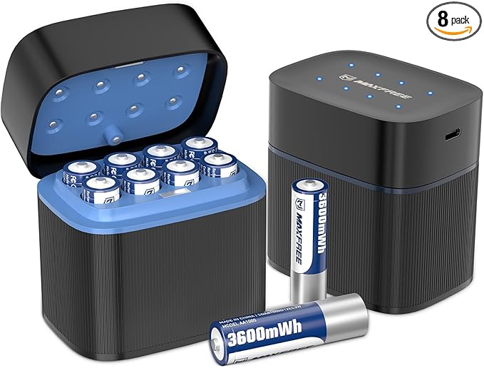 Maxfree Rechargeable AA Batteries Lithium with Charger, 8-Pack 1.5V 3600mWh Double A Batteries with LED Display, Dual-Purpose Charger for AA Lithium & NiMH – Fast Charging for Cameras, Toys, Remotes