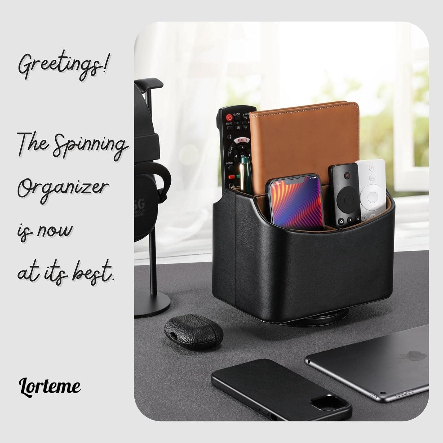 Remote Control Holder, Spinning Desk Organizer, Nightstand Bedside Caddy for TV Remotes/Tablets/Phones/Eyeglasses/Books/Pens - Black