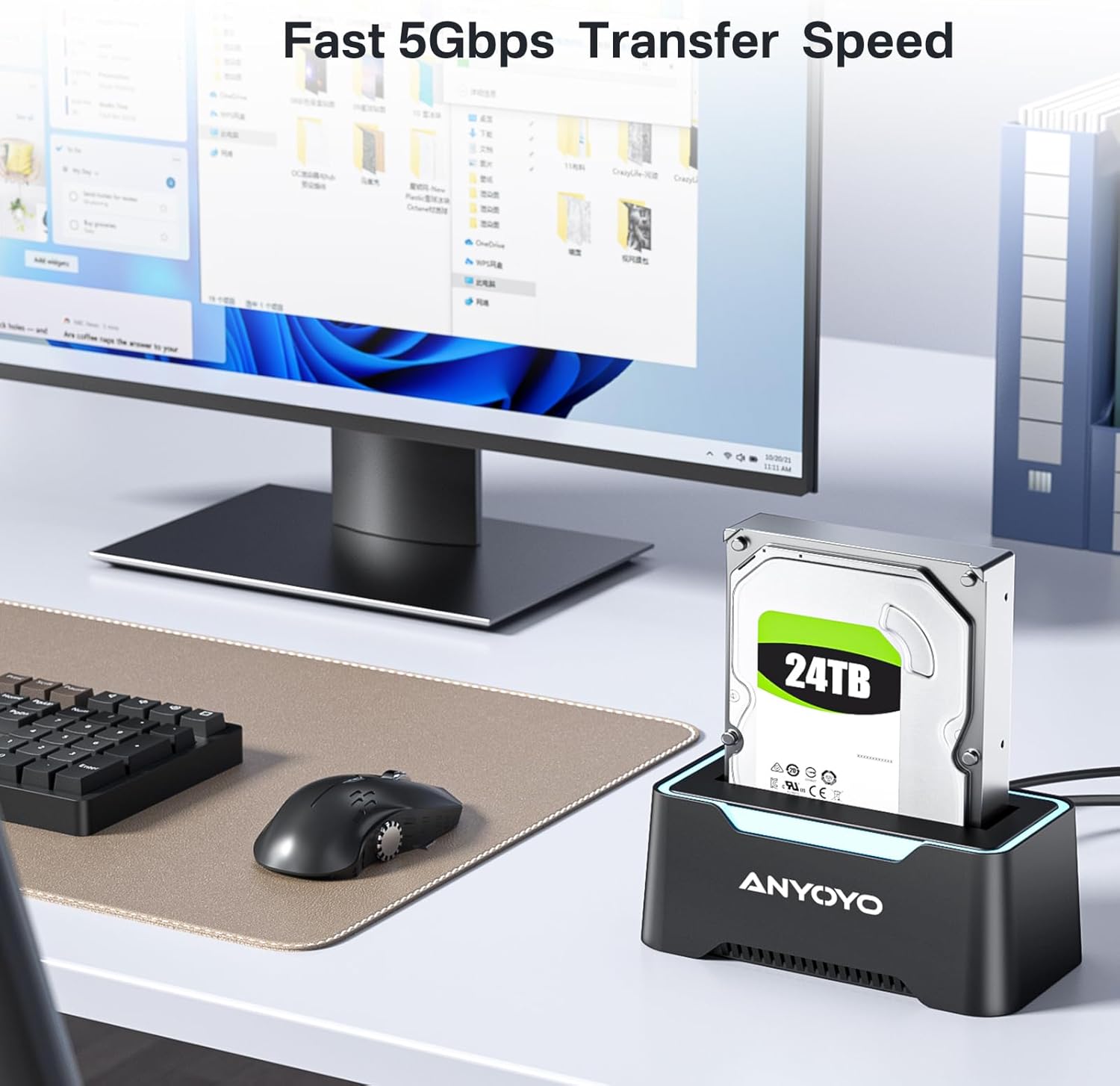 USB-C Hard Drive Docking Station, 2.5"/3.5" Inch SATA Enclosure with Cable, Speed up to 5Gbps, Tool-Free USB 3.0 to SATA External Hard Drive Dock with 12V/2A Power. Support up to 24TB