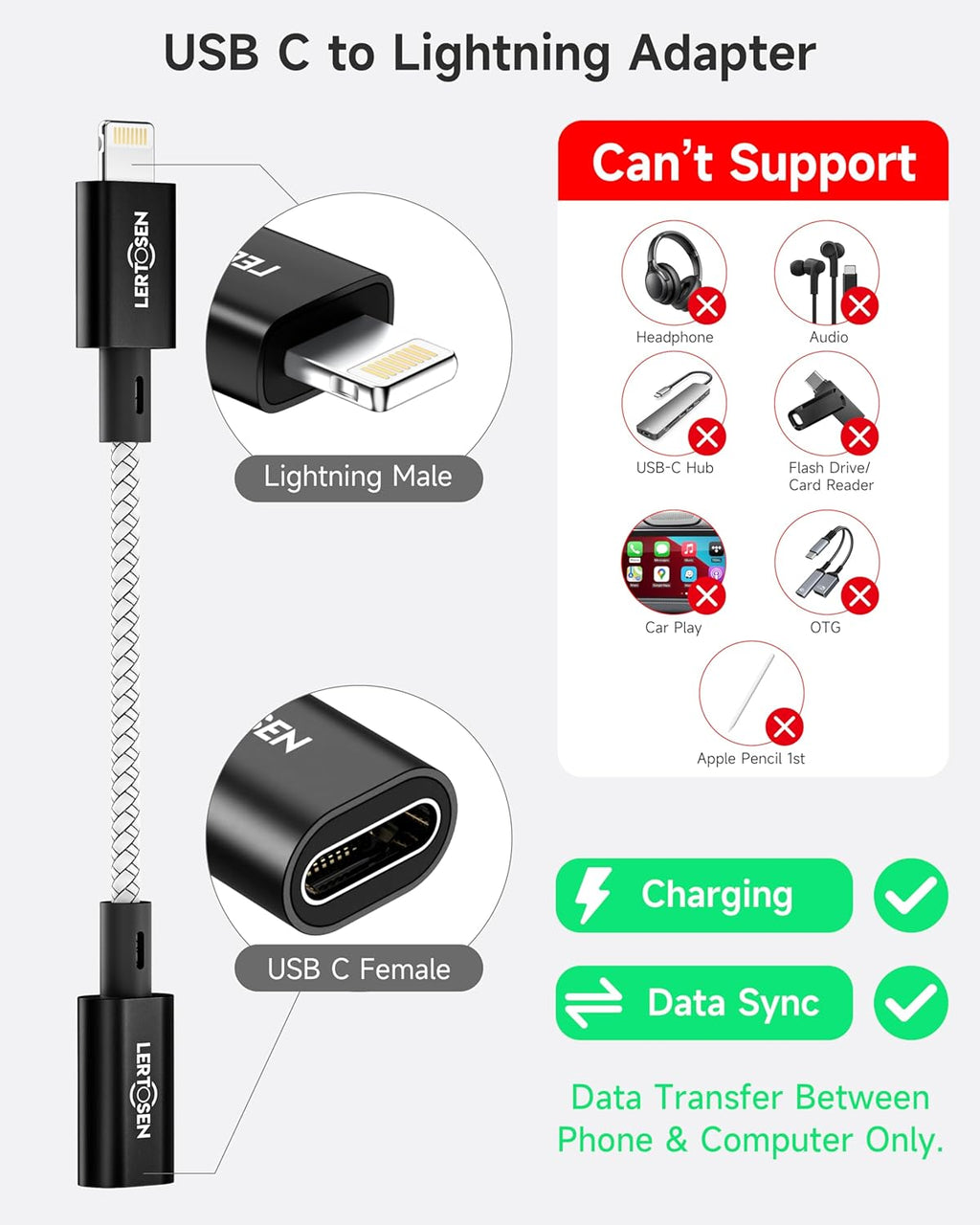 2 Pack 27W USB C to Lightning Cable Adapter, PD Fast Charging & Data Transfer, Type C Female to Lightning Male Charger Converter Cord for iPhone 14/13/12/11,iPad, Airpods,Not for Audio/Headphone/OTG