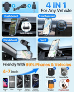 HTU Upgraded Strongest Suction Car Phone Holder Bendable Arm, Never Block View Rotatable Cellphone Mount for Dashboard Windshield Vent, Cradle Stand for iPhone 16 15 14 13 12 Pro Max (Black)