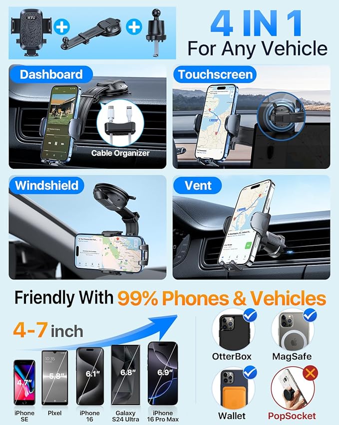 HTU Upgraded Strongest Suction Car Phone Holder Bendable Arm, Never Block View Rotatable Cellphone Mount for Dashboard Windshield Vent, Cradle Stand for iPhone 16 15 14 13 12 Pro Max (Black)