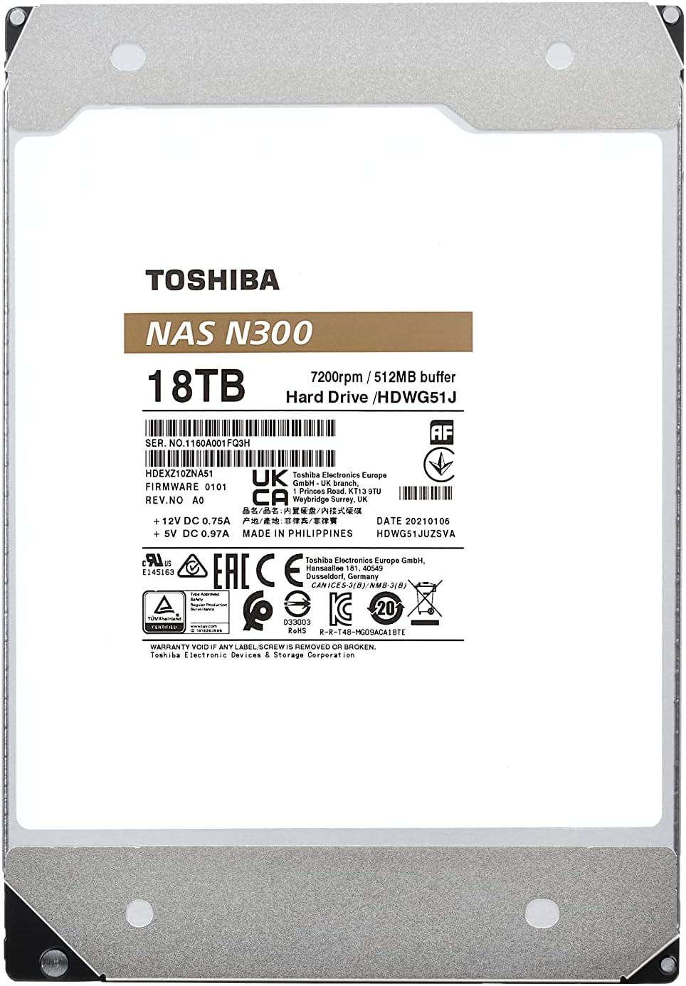 Toshiba N300 18TB NAS 3.5-Inch Internal Hard Drive - CMR SATA 6 Gb/s 7200 RPM 512 MB Cache - HDWG51JXZSTA
