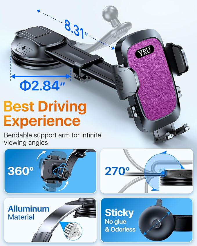 YRU [2025 Ultimate Car Phone Holder Mount [Bendable & Adjustable Aluminum Arm] Cell Phone Holder for Car Dashboard Windshield Phone Stand for iPhone 16 15 14 13 Pro Max Samsung Pickup Truck, Rose Red