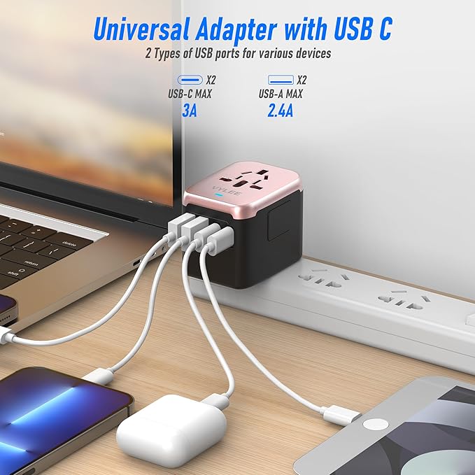 Universal International Power Travel Plug Adapter, 5 in 1 European Travel Plug Adapter W/ 3.5A 2xUSB-A and 2xUSB C Wall Charger and Worldwide AC Outlet for Europe USA UK AUS(Rose Gold)