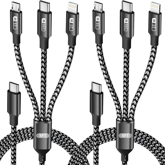 100W USB C Multi Charging Cable with E-Mark Chip, 3 in 1 USB C Fast Charging Cable, Universal Multiple Charger Cord with Type-C, Micro USB, IP Port for iPhone16/15/14/Cell Phones and More (2Pack 5FT)