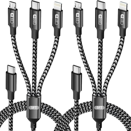 100W USB C Multi Charging Cable with E-Mark Chip, 3 in 1 USB C Fast Charging Cable, Universal Multiple Charger Cord with Type-C, Micro USB, IP Port for iPhone16/15/14/Cell Phones and More (2Pack 5FT)