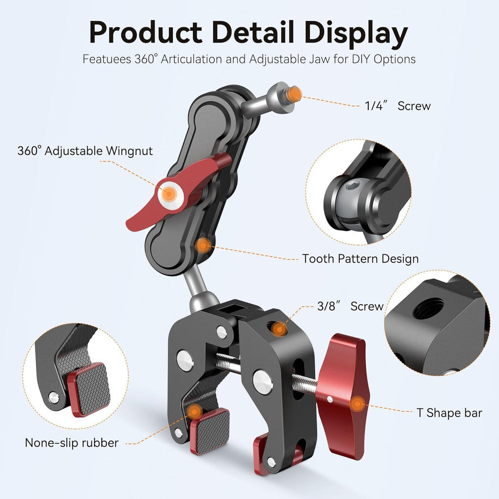 Camera Clamp Mount & 360°Ball Head Magic Arm with Adapter for Go pro, Aluminum Double Ball Head Adapters, Heavy Duty Super Clamp with 1/4"-20 & 3/8"-16 Thread -SJ008