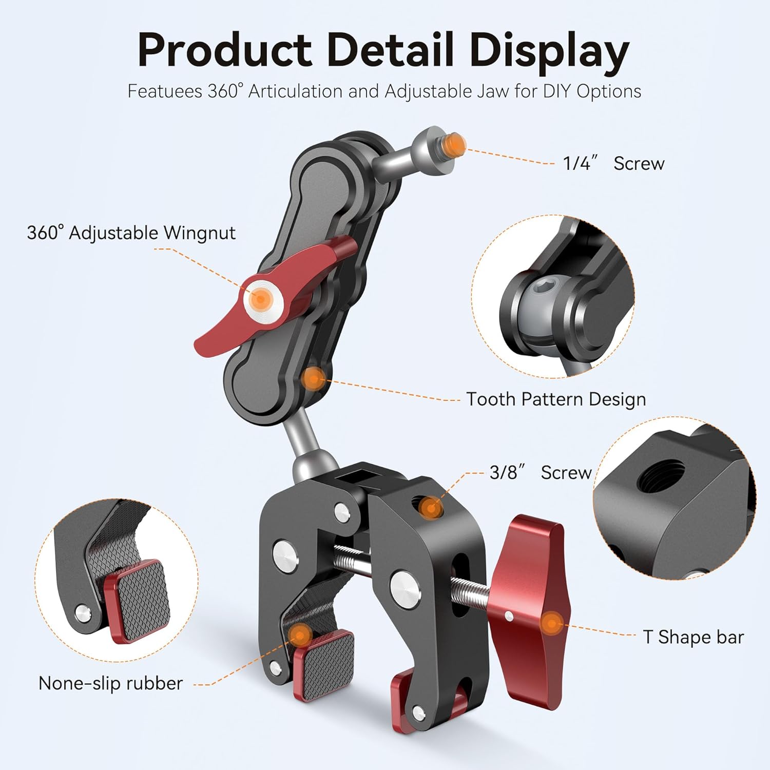 Camera Clamp Mount & 360°Ball Head Magic Arm with Adapter for Go pro, Aluminum Double Ball Head Adapters, Heavy Duty Super Clamp with 1/4"-20 & 3/8"-16 Thread -SJ008