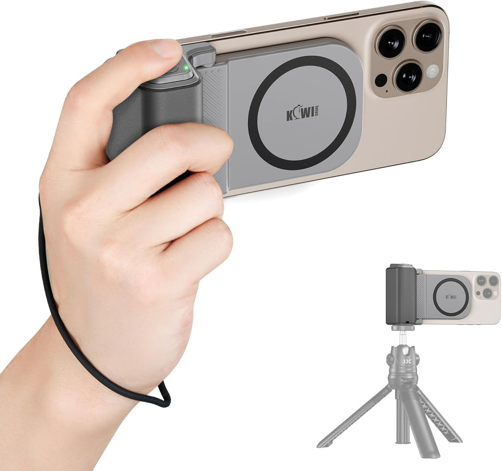 KIWIFOTOS for Magsafe Phone Camera Grip Magnetic Phone Tripod Handle with Bluetooth Remote & Tripod Mount Adapter for iPhone 16 Pro Max Samsung Smartphone Vlog Video Shooting (Gray)