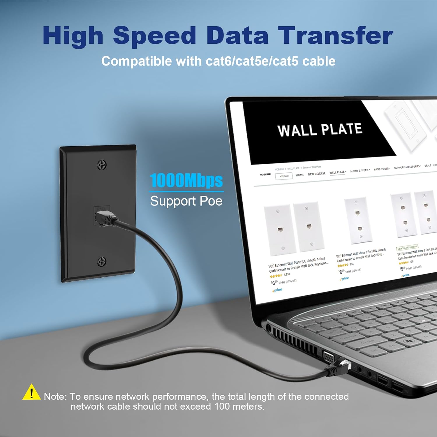 VCE Black Ethernet Wall Plate (UL-Listed), 1-Port CAT6 Wall Plate and Jack, RJ45 Keystone Wall Outlet with Single Gang Low Voltage Mounting Bracket, 2-Pack
