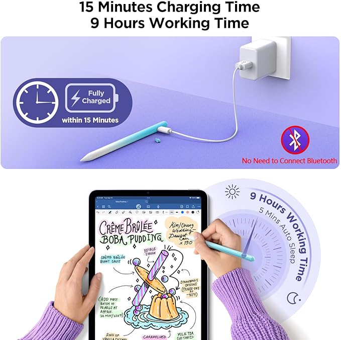 Stylus Pencil for iPad 2018-2024, 15Mins Fast Charge, Palm Rejection, Tilt Sensitivity - Compatible With iPad 10/9/8/7/6, Pro 12.9"/11"/13" M4, Air 5/4/3/11"-13" M2, Mini 6/5