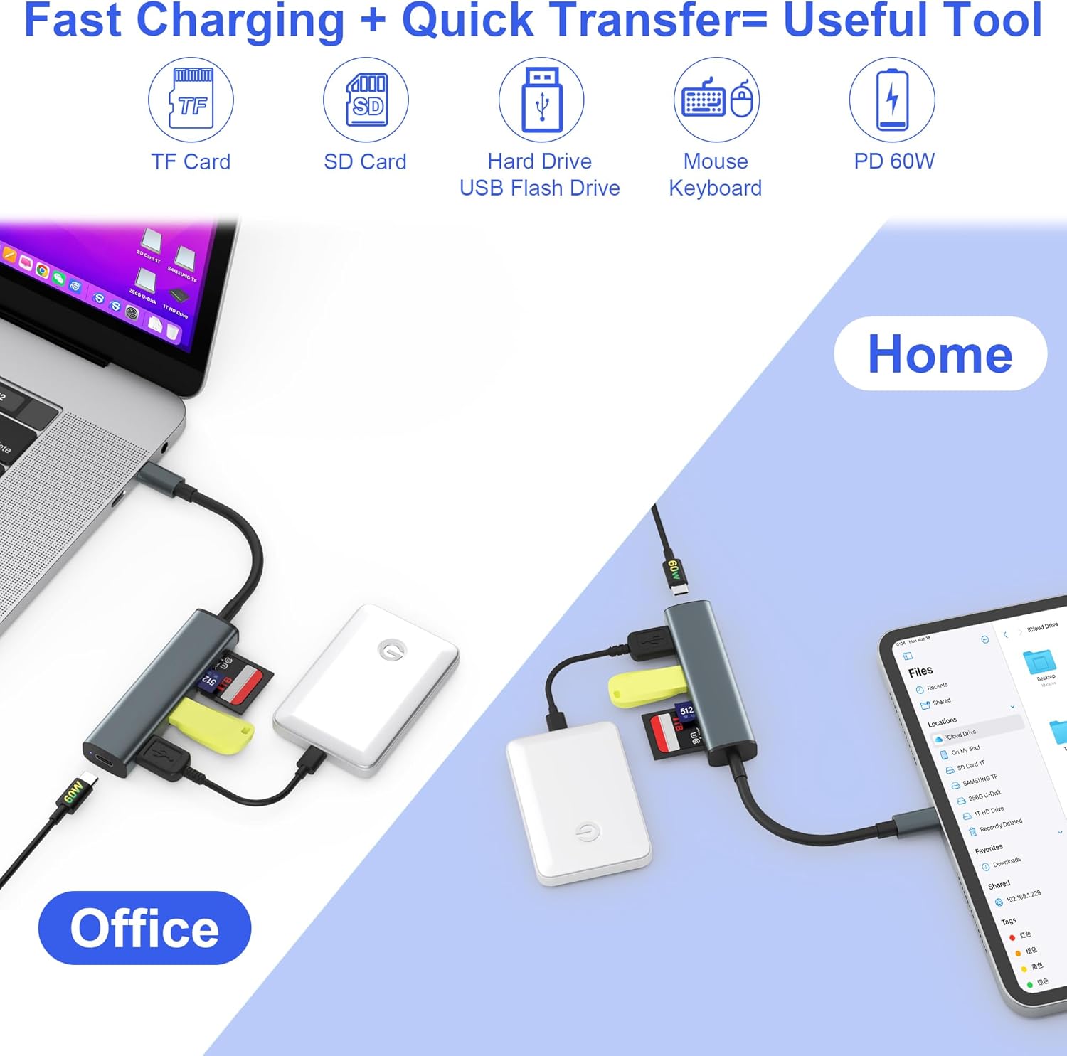 USB C SD Card Reader, Memory Card Reader with 60W PD Charger Adapter SD Card Adapter with SD/TF/USB 4 Ports for iPhone 15/16 iPad Pro MacBook Pro/Air iMac Android and More USB-C Devices