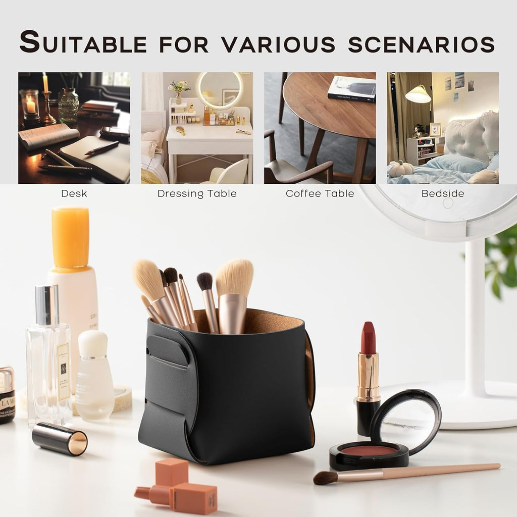 HOMIEAZICOZI 2-Pack Cork Leather Desk Accessories Storage - Pencil Pen Holder - Makeup Brush Holder Organizer - Stylish Addition to Home Decor (Black)