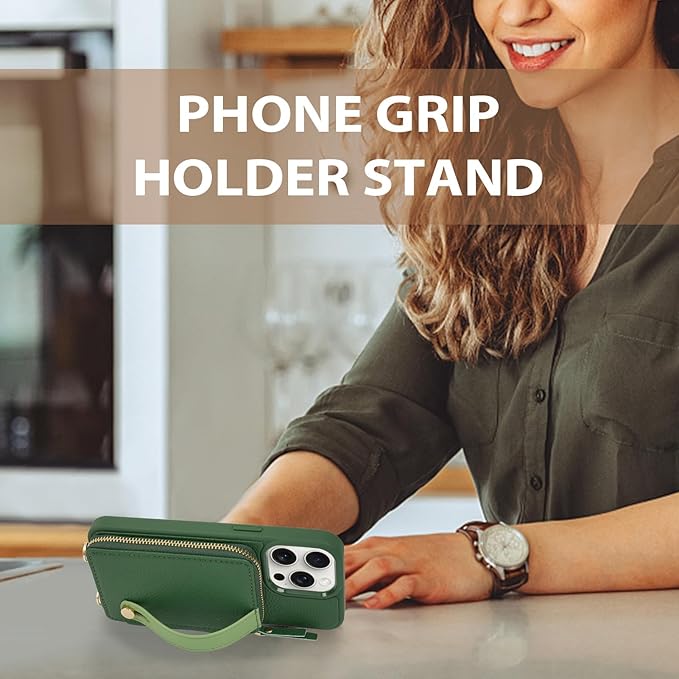 LAMEEKU for iPhone 15 Pro Wallet Case, Zipper Leather Card Slots Crossbody Cover Wrist Strap Lanyard with Phone Grip Holder Stand for iPhone 15 Pro 6.1 inch Dark Green