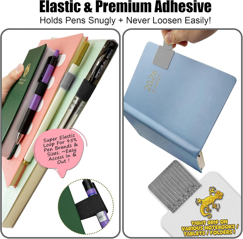 Pen Loop Holder for Notebook 12 Pack Self-Adhesive Stick On Pen Holder with Extra 2 Pens Clips 1 Leather Bookmarks As COMBO for Planner Journal Tablet Clipboards Calendars Bible Campus School Office