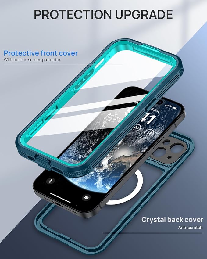 Lanhiem Magnetic for iPhone 15 Pro Case, IP68 Waterproof Dustproof Case, [Compatible with Magsafe] [Built-in Screen Protector] Full Body Heavy Duty Rugged Phone Cover 6.1 inch, Blue/Clear