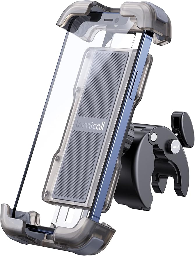Lamicall Motorcycle Phone Mount, Bike Phone Holder - Upgrade Quick Install Handlebar Clip for Bicycle Scooter, Cell Phone Clamp for iPhone 15 14 13, Galaxy and More 4.7-6.8" Phone, Transparent Gray