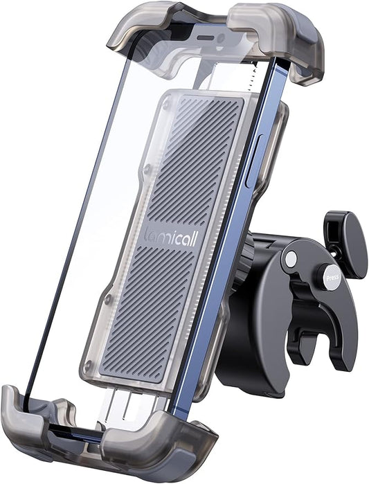 Lamicall Motorcycle Phone Mount, Bike Phone Holder - Upgrade Quick Install Handlebar Clip for Bicycle Scooter, Cell Phone Clamp for iPhone 15 14 13, Galaxy and More 4.7-6.8" Phone, Transparent Gray