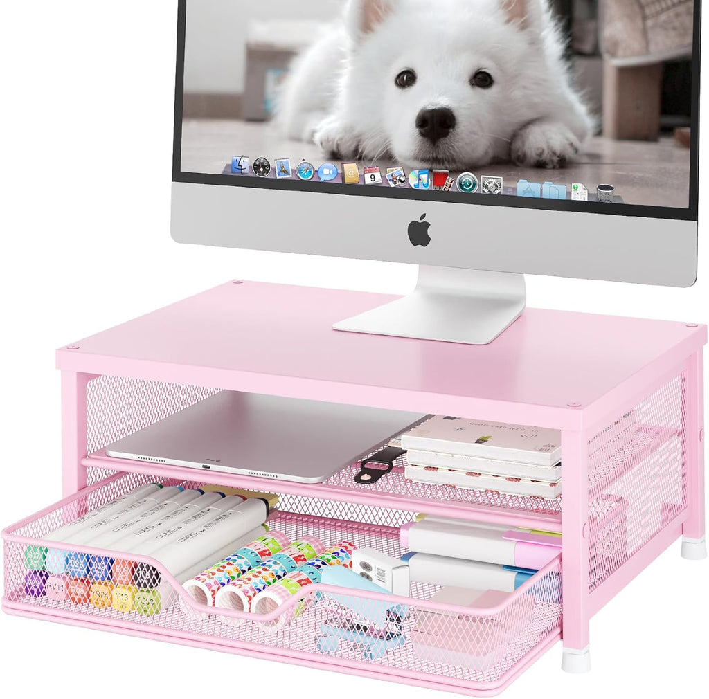 Desk Organizers and Accessories, 2-Tier Computer Monitor Stand Riser with Drawer, Laptop Stand, Office Desk Accessories, Workspace Desktop Organizer for Office Supplies, Pink