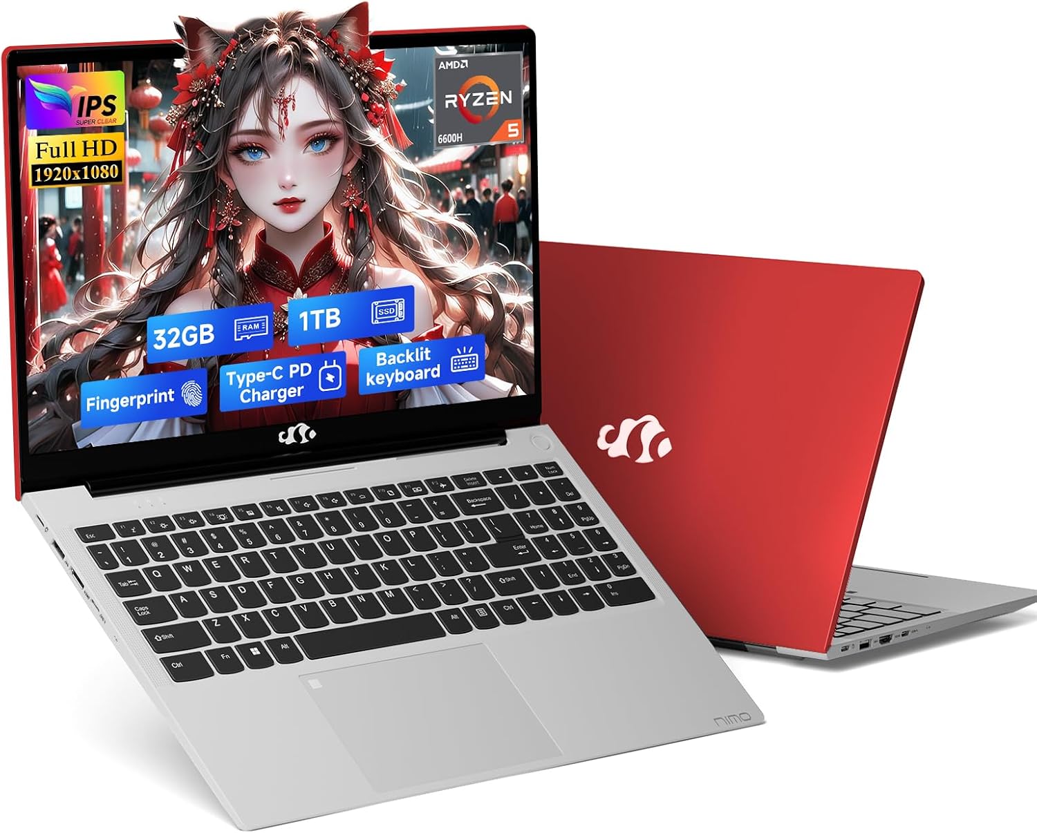 NIMO 15.6" IPS FHD-Gaming-Laptop, 6 Cores AMD Ryzen 5 6600H 32GB DDR5 RAM 1TB SSD (Beat i7-1165G7 up to 4.5GHz) 660M 6nm GPU-Computer with 100W Type-C Backlit Keyboard, Fingerprint