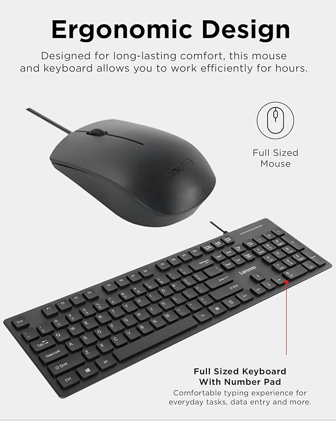 Lenovo 305 USB-C Wired Keyboard & Mouse Combo, Black, Spill-Resistant, Narrow Border, Adjustable Tilt, Full-Size Keyboard & Mouse, Compatible with Laptop, PC, Tablet, USB-C Connectivity Gaming Office