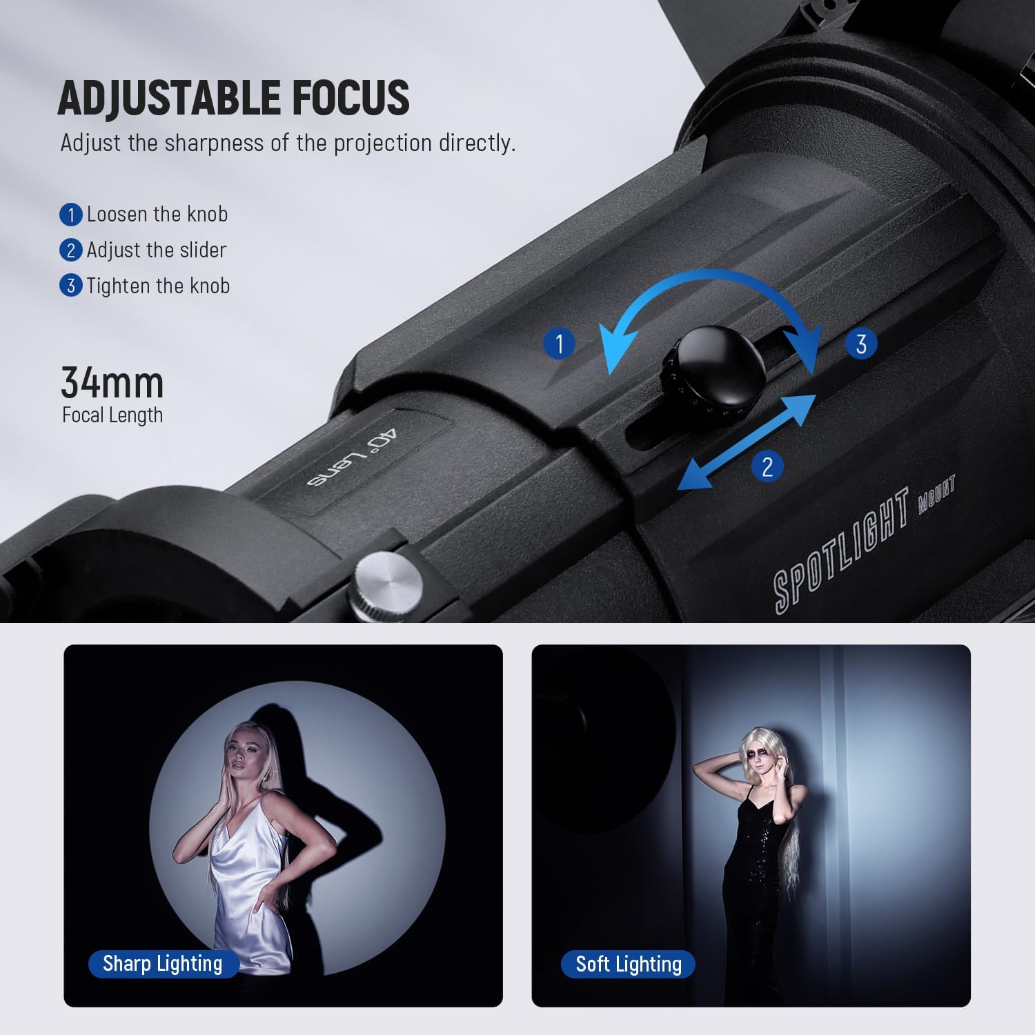 NEEWER Spotlight Snoot with 40° Projection Lens, Adjustable Focus, 16 Metal Gobos 5 Color Gels, Bag, Conical Snoot for Bowens Mount LED Continuous Output Lighting Studio Video Light Up to 300W, LS-38