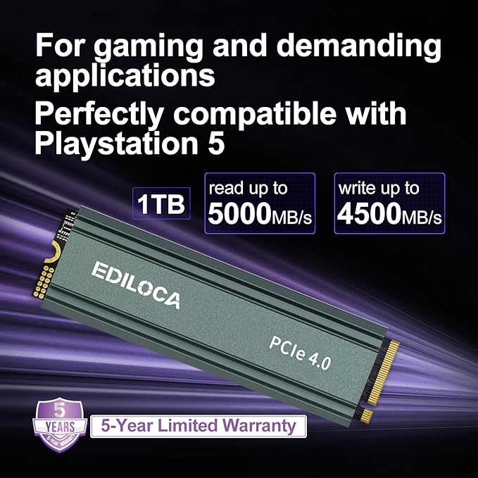 1TB M2 NVME SSD with Heatsink - PCIe Gen4.0 NVMe M.2 2280 3D NAND TLC, 5000MB/s Read, Internal Solid State Drive for PS5/PC, Dynamic SLC Cache, PS5 Storage Expansion, 5-Year Warranty(EN760)