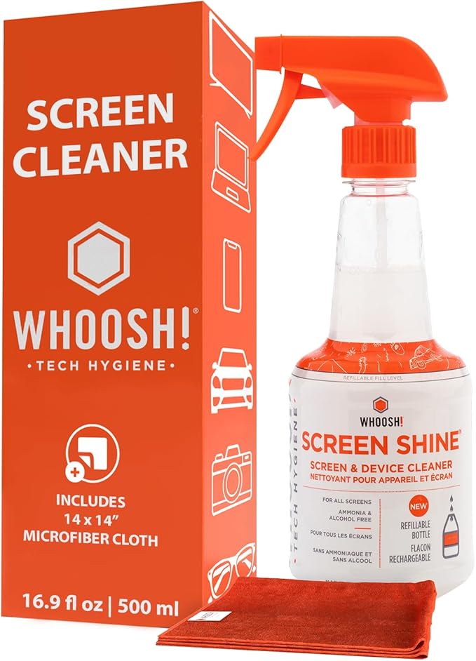 WHOOSH! Screen Shine Pro 16.9 fl oz Refillable Screen Cleaner for TV, OLED, and Monitors – Streak-Free Spray with Microfiber Cloth – Safe for Flat Screen, LCD, Smart Displays – Non-Toxic and Odorless