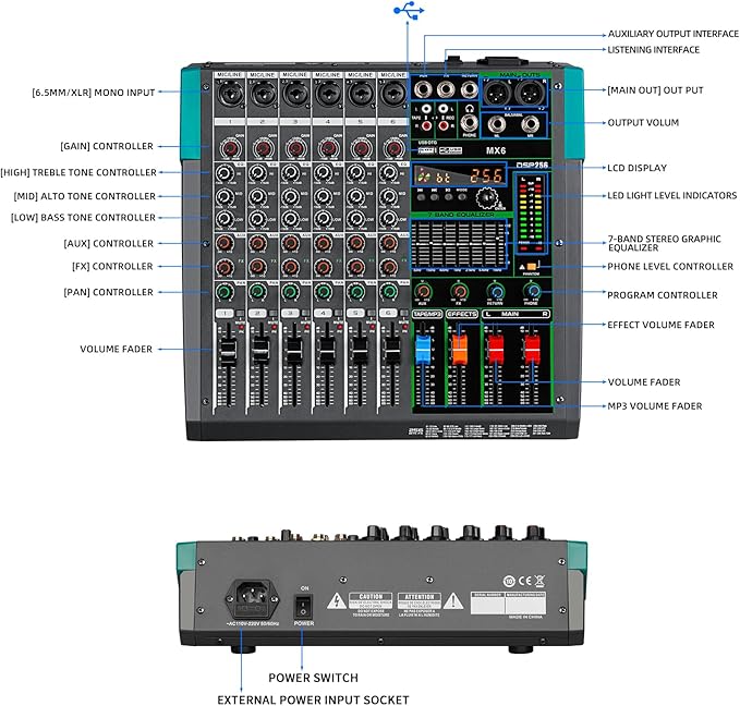Depusheng MX6 6 Channel Sound Mixer Audio Mixing Console 48V 256DSP Professional USB PC Play Record Podcast Live Broadcast (US MX6)