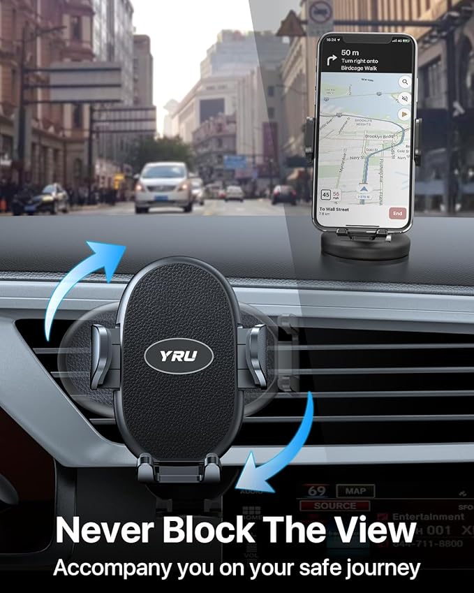 YRU Car Phone Holder [2025 Upgraded Metal Hook Clip], Phone Holders for Your Car [No Fear of Bumps] Air Vent Cellphone Mount Widely Compatible with iPhone16 15 14 13 12 Samsung Android, Black