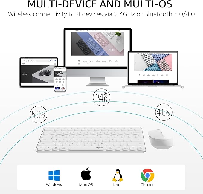 Rapoo 9010M Multi-Device Keyboard and Mouse Combo, 2.4GHz/Bluetooth 5.0/4.0 Wireless Keyboard & Mouse Set for Windows/Mac/Linux/Chrome, Support 4 Devices, Low-Profile Silent Click, Battery Powered