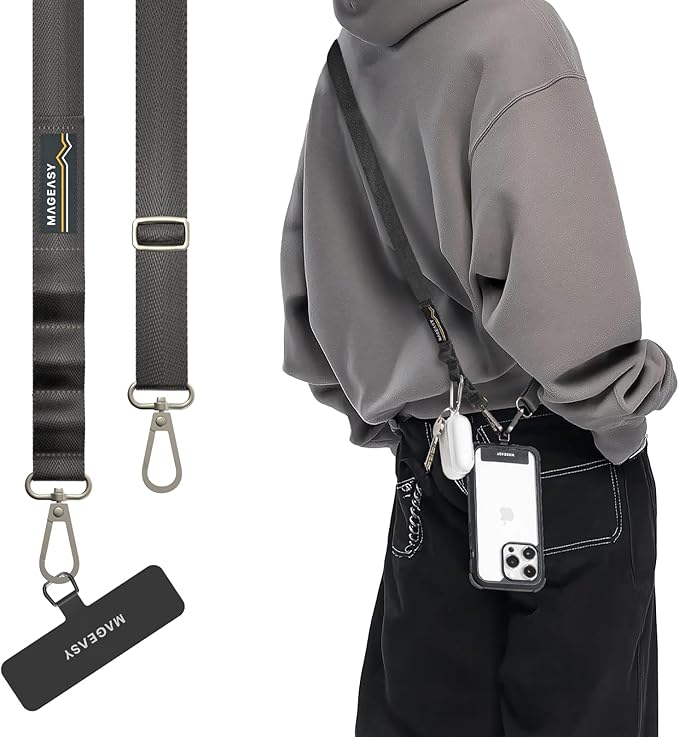 MAGEASY Universal Cell Phone Lanyard Crossbody - Anti-Theft Crossbody Phone Strap for iPhone 16 Pro Max & Most Smartphones, for Men & Women | 20mm (Concrete Gray)