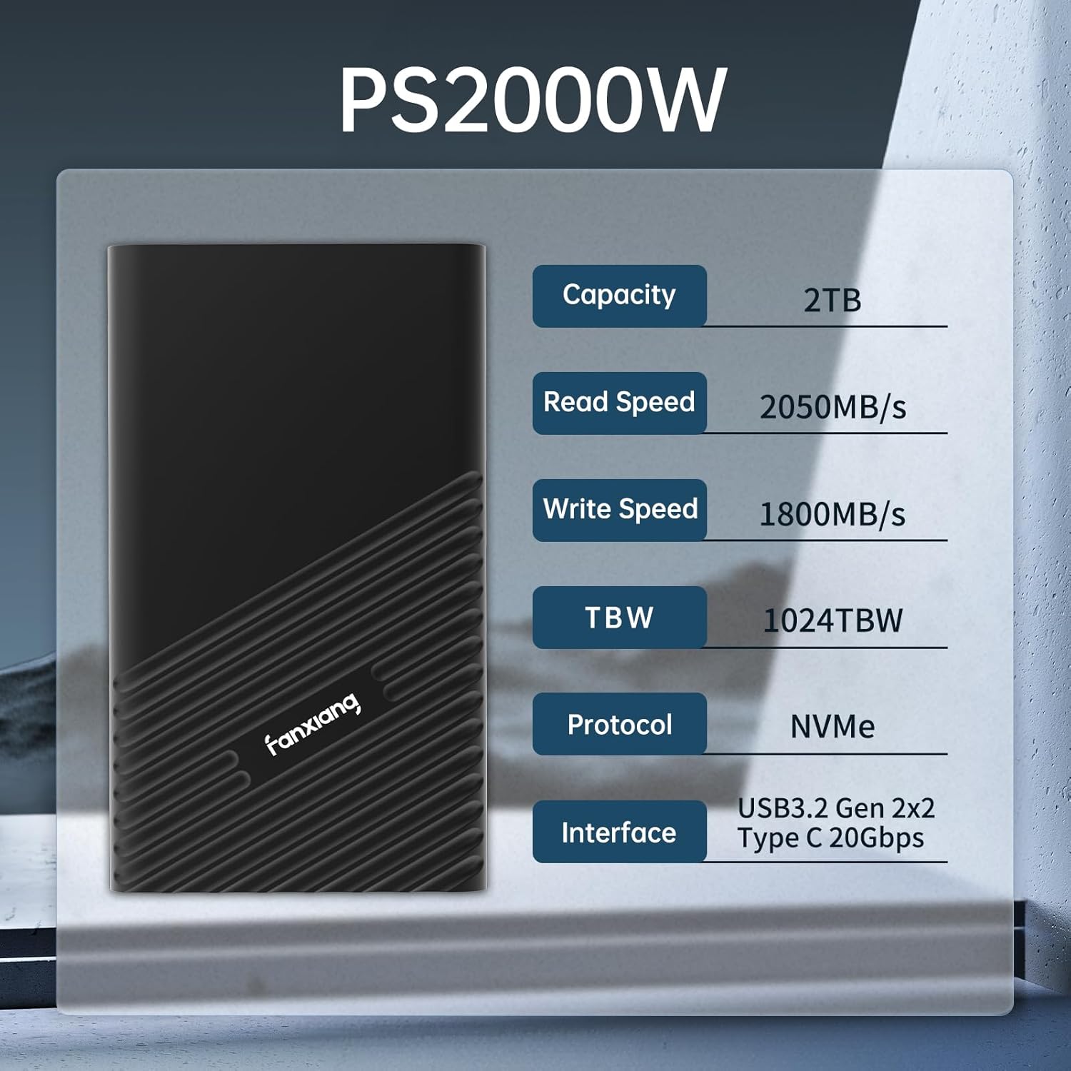 fanxiang 2TB External SSD Portable, Up to 2000MB/s, USB C External Solid State Drive External Hard Drive, USB 3.2 Gen2*2 Type-C SSD for iPhone 15/Pro/PC/Laptops/Creators/Gaming